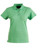 A green ladies' polo shirt featuring a collar and three buttons, with a logo on the chest.