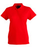 A red women's polo shirt featuring a collar, short sleeves, and a branded logo.