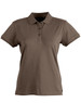 A brown ladies' polo shirt with a collar, three buttons, and short sleeves. It features a logo on the chest.