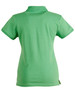 A green ladies' polo shirt featuring a collar and short sleeves, with side slits and a logo on the back.