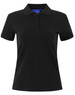 A black ladies cotton stretch polo shirt featuring a classic collar and a three-button placket. Includes a logo.