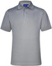 A grey men's polo shirt with a collar, buttons, and a logo on the chest.
