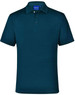 A dark navy polo shirt with a collar, featuring a button-up placket and a logo.