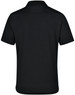 A back view of a black polo shirt featuring a collar and short sleeves, with a logo on the fabric.