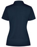 A navy blue ladies' polo shirt with a short sleeve and a collar, featuring a branding logo.