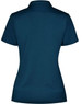 A dark teal polo shirt featuring a collar and short sleeves, with a logo on the back.