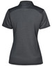 A dark grey ladies' polo shirt with a collar and a logo on the back.