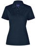 A navy blue ladies' polo shirt with a collar, short sleeves, and a button-up front. It features a logo on the chest.