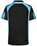 A black polo shirt with blue and white accents, featuring a logo on the front.