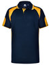 A navy and yellow polo shirt featuring a collar and button placket, with contrasting sleeves and a logo.