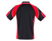 A black and red polo shirt featuring short sleeves and a decorative design on the shoulders. It has a logo.