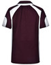 A maroon and white polo shirt featuring a logo on the back and contrast panel details.