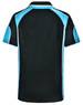 A black polo shirt with turquoise accents and a logo on the back.