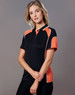 A black polo shirt with orange accents and a logo, featuring a traditional collar and short sleeves.