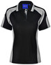 A ladies' polo shirt in black with grey accents and a branded label on the collar.