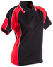 A black and red ladies' polo shirt featuring a collar and contrast piping, with a logo on the chest.