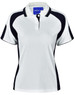 A ladies' polo shirt featuring a white body with black accents and a collar. Includes a logo on the chest.
