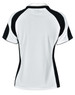 A white ladies' polo shirt with black accents and a logo on the back.