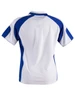 A white and blue ladies' polo shirt featuring a logo, with a sporty design and short sleeves.