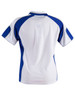 A white and blue ladies' polo shirt featuring a logo, with a sporty design and short sleeves.