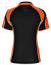 A black polo shirt with orange and white accents, featuring a logo. Short-sleeved with a sporty design.
