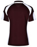 A maroon and white polo shirt featuring a sporty design and a logo on the back.