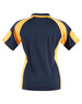 A women's polo shirt featuring navy blue and yellow panels, displaying a sporty design and a logo on the back.