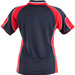 A ladies' polo shirt featuring a navy body with red and white accent panels and a logo.