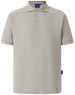 A light grey polo shirt with a classic collar and three-button placket, featuring a logo on the side.