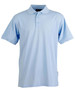 A light blue polo shirt featuring a collar and buttons, with a logo on the side.