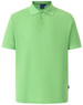A green men's polo shirt featuring a collar and three buttons, with a logo on the side.