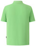 A green polo shirt with short sleeves and a collar, featuring a branding logo.