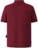 A maroon polo shirt featuring a collar and short sleeves, with a logo on the back.