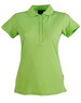 A green ladies' polo shirt with a zip collar and short sleeves, featuring a logo on the front.