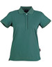 A green ladies' polo shirt with a collar and short sleeves, featuring a logo on the side.