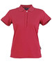 A red ladies' polo shirt with a collar, short sleeves, and a logo on the side.