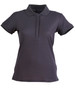 A charcoal grey ladies' polo shirt with a collared neck and short sleeves, featuring a logo.