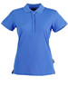 A blue ladies' polo shirt with a collar and short sleeves, featuring a logo on the side.