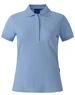 Light blue ladies' polo shirt with a collar and short sleeves. The shirt features a logo on it.