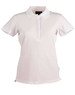 A ladies' polo shirt in white with a contrasting collar, featuring a logo.