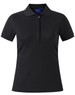 A grey ladies' polo shirt with a collared neckline and short sleeves, featuring a logo on the chest.