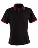 A black polo shirt featuring red stripes on the collar and sleeves, with a logo on the chest.