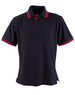 A navy blue polo shirt with red-striped accents on the collar and sleeves, featuring a logo.