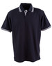A dark navy polo shirt with contrasting white stripes on the collar and sleeves, featuring a logo.