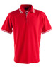 A red polo shirt with white striped accents on the collar and sleeves, featuring a buttoned placket and a logo.