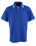 A blue polo shirt with white stripes on the collar and sleeves, featuring a logo.