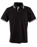 A black polo shirt with white collar and sleeve stripes, featuring a logo on the chest.