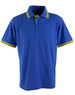 A blue polo shirt featuring yellow striped detailing on the collar and sleeves, with a logo on the chest.