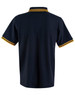 A navy blue kids' polo shirt with yellow striped accents on the collar and sleeves. It has a logo on the front.