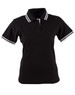 A black women's polo shirt with white-striped collar and sleeves, featuring a buttoned placket and branding.